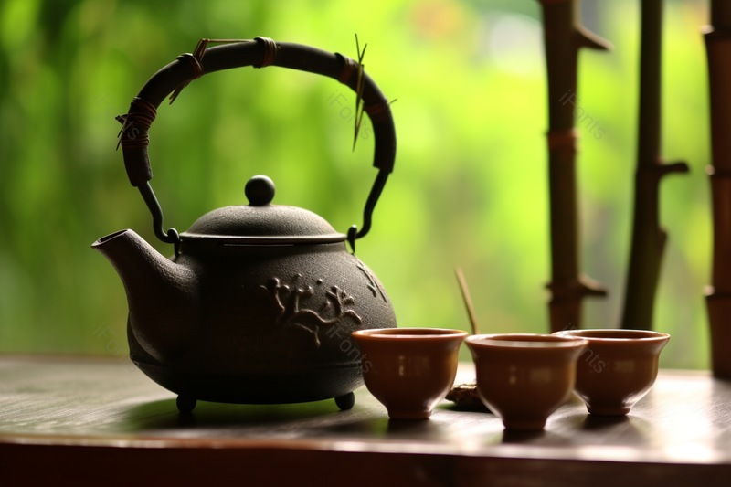 绿色的树林的木屋里的传统茶具和茶杯,高清,摄影图,摄影图片,图片大全,摄影图免费下载